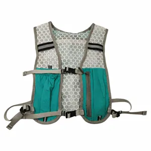 Pet outdoor breathable mesh vest backpack, adjustable harness with storage pockets.