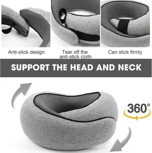 Memory foam travel neck pillow with 360 degree support and adjustable velcro design.