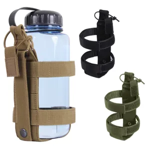 Tactical water bottle pouch detail showing nylon MOLLE webbing and secure attachments.