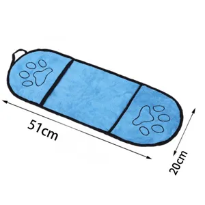 Blue chenille pet drying towel with paw print and hand pockets for fast and easy water absorption.