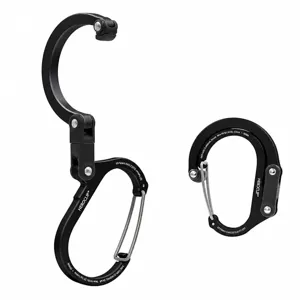 Multi-functional aluminum alloy carabiner with 360 degree rotating and folding design for outdoor use.