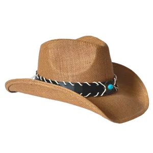 American style straw cowboy hat for women men summer beach sun protection wide curved brim brown