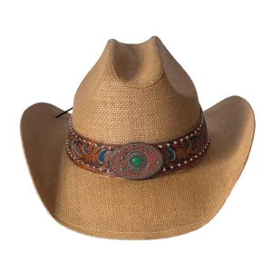 Chapeau de cowboy de paille western vintage avec bande en cuir, large bord protection solaire.
