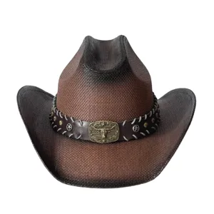 Retro westerse cowboy strohoed met gradiënt bruin, lederen band en stieren gesp.