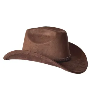 Dettaglio cappello da cowboy western in camoscio marrone retrò, cappello da equitazione a tesa larga
