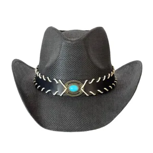 Classic black western straw cowboy hat with leather band, whipstitching, and turquoise stone.