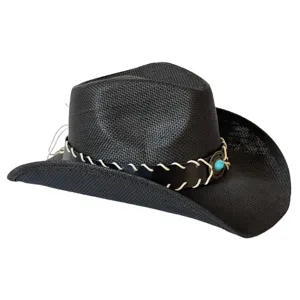 Black western straw cowboy hat with wide brim, leather band, and turquoise stone accent.