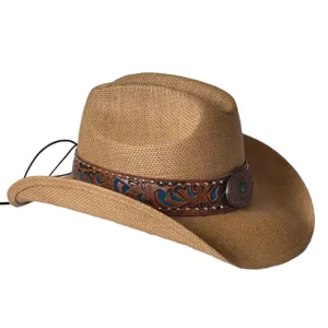 Chapeau de paille cowboy western vintage américain pour hommes et femmes, protection solaire large.