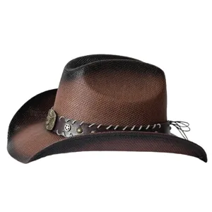 Vintage verloop bruine strooien western cowboyhoed met lederen band en stierenkop gesp voor zomer