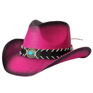 Pink gradient Western straw cowboy hat with black leather band and turquoise decor.