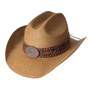 Chapeau de cowboy occidental vintage en paille avec bande en cuir pour protection solaire.