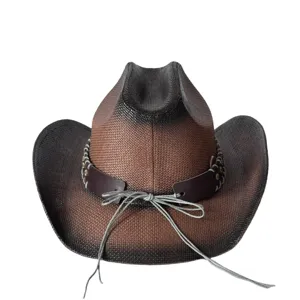 Vintage bruine gradiënt geweven cowboyhoed met lederen band en grijze strik voor buiten zonnebrand