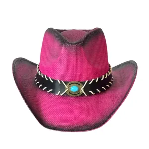 Pink woven western cowboy hat with black leather band and turquoise stone detail for summer beach.