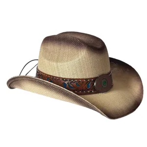 Vue détaillée du chapeau de cowboy occidental rétro américain avec peinture dégradée et cuir.