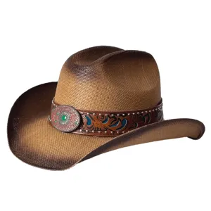 Vue détaillée du chapeau de cowboy en paille rétro avec bande en cuir gaufré et rivets.