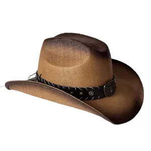 Close-up detail van vintage verloop stro cowboyhoed met stijlvolle stierenkop metalen gesp.