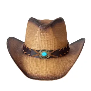 Western straw cowboy hat with wide brim, braided leather band and turquoise buckle detail.
