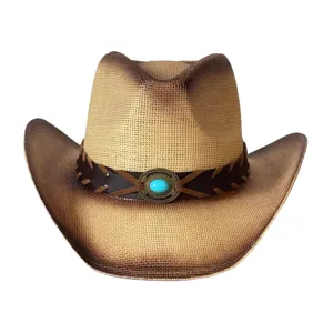 American straw western cowboy hat with wide brim, leather band and turquoise stone detail.