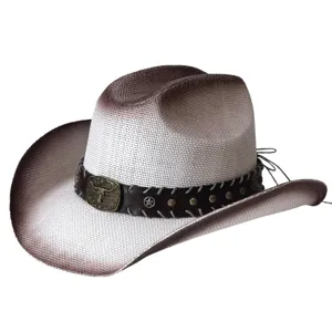 Vintage westerse cowboy-strohoed met mooi verloop en gedetailleerde stierenkopsgesp.
