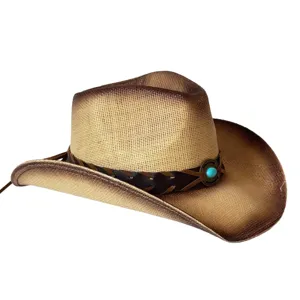 Close-up detail of western straw cowboy hat featuring braided leather band and turquoise concho.