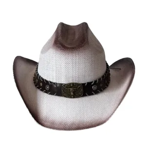 Retro gradiënt stro cowboyhoed man vrouw, westerse buiten zonnehoed met stierenkop gesp.