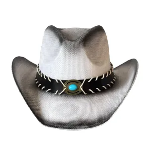 Detail shot of a western cowboy hat with gradient finish, leather hat band and turquoise accent.