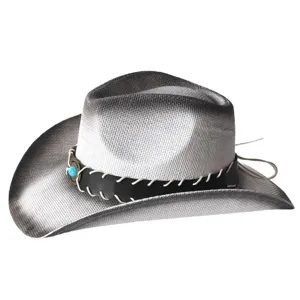 Western straw cowboy hat detail, curved brim with gradient grey straw and turquoise accent.