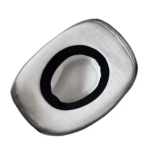 Silver western cowboy hat top view showing inner detail, stylish sun protection straw hat.