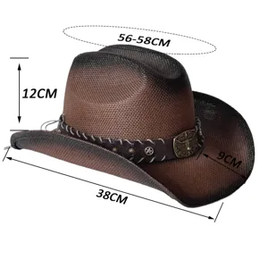 Vintage gradiënt westerse cowboy strohoed met metalen stierenhoes en brede rand.
