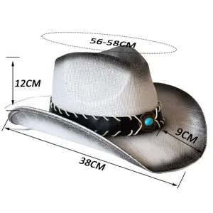Western cowboy straw hat with gradient silver design, black leather band, and turquoise stone decor.
