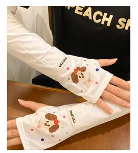 Cute dog print ice silk sun protection sleeves for summer outdoor UV blocking cooling arm guards.