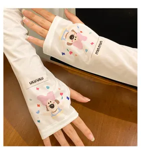 Cute puppy ice silk sun protection sleeves detail, summer cartoon arm guards for outdoor use.