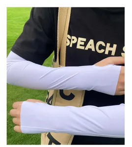 Close-up of white sun protection arm sleeves with finger hole design for outdoor driving cycling.
