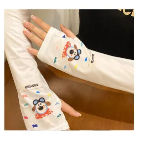 Ice silk sun protection sleeves detail view showing cute cartoon dog print and finger hole design.
