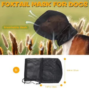 Detailansicht der atmungsaktiven schwarzen Mesh-Hundemaske mit Maßen und Netzstruktur.