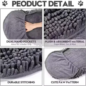 Grey chenille pet drying towel with dual hand pockets, super absorbent and soft for dogs.