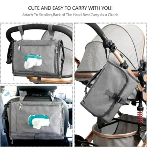 Portable baby diaper changing pad and stroller storage bag with wipes pocket grey