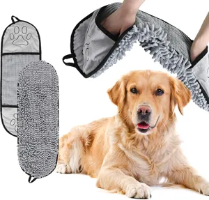 Grey chenille pet drying towel glove super absorbent quick dry dog paw cleaner tool