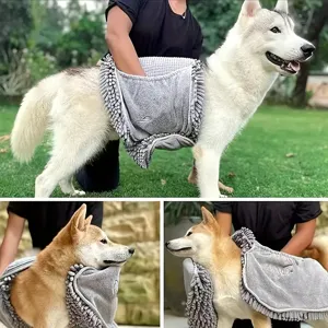 Pet dog drying towel detail showcasing super absorbent chenille fabric and convenient hand pockets.