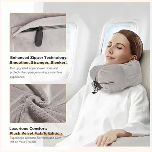 Almohada de viaje rellenable de terciopelo de felpa soporte avion vista de detalle cremallera