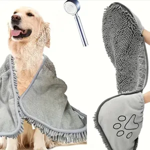 Pet Bath Towel Super Absorbent Chenille Dog Bathing Microfiber Quick Drying Pet Cleaning Glove With Cute Paw Print Design