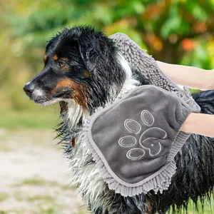 Grey chenille pet drying glove super absorbent dog bath towel for quick drying and grooming.