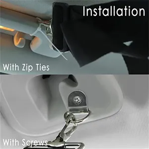 Detalle de correa de caña de pescar para auto, soporte ajustable con bridas y tornillos para transporte.