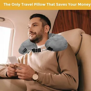 Comoda almohada de viaje rellenable con correa ajustable para avion y viajes.