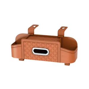 Organizador de respaldo de asiento de coche cuero marrón caja de pañuelos multifuncional
