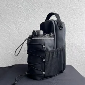 Schwarze Fitness-Trinktasche mit Gurt Netztasche und Kordel für Outdoor Sport Training