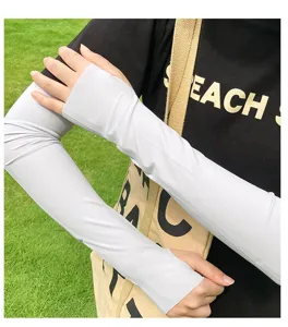 Ice silk sun protection arm sleeves detail, grey cooling arm covers for outdoor use.