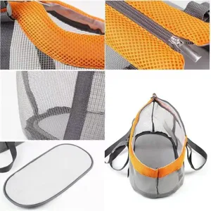 Gros plan sur les details du sac de transport pour animaux, tissu maille et fermeture eclair.
