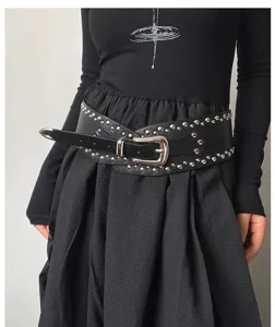 Wide black studded belt for women, western rock style waist cinch, gothic PU leather.