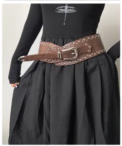 Chic studded wide leather belt for women, retro western aesthetic waist corset cinch.
